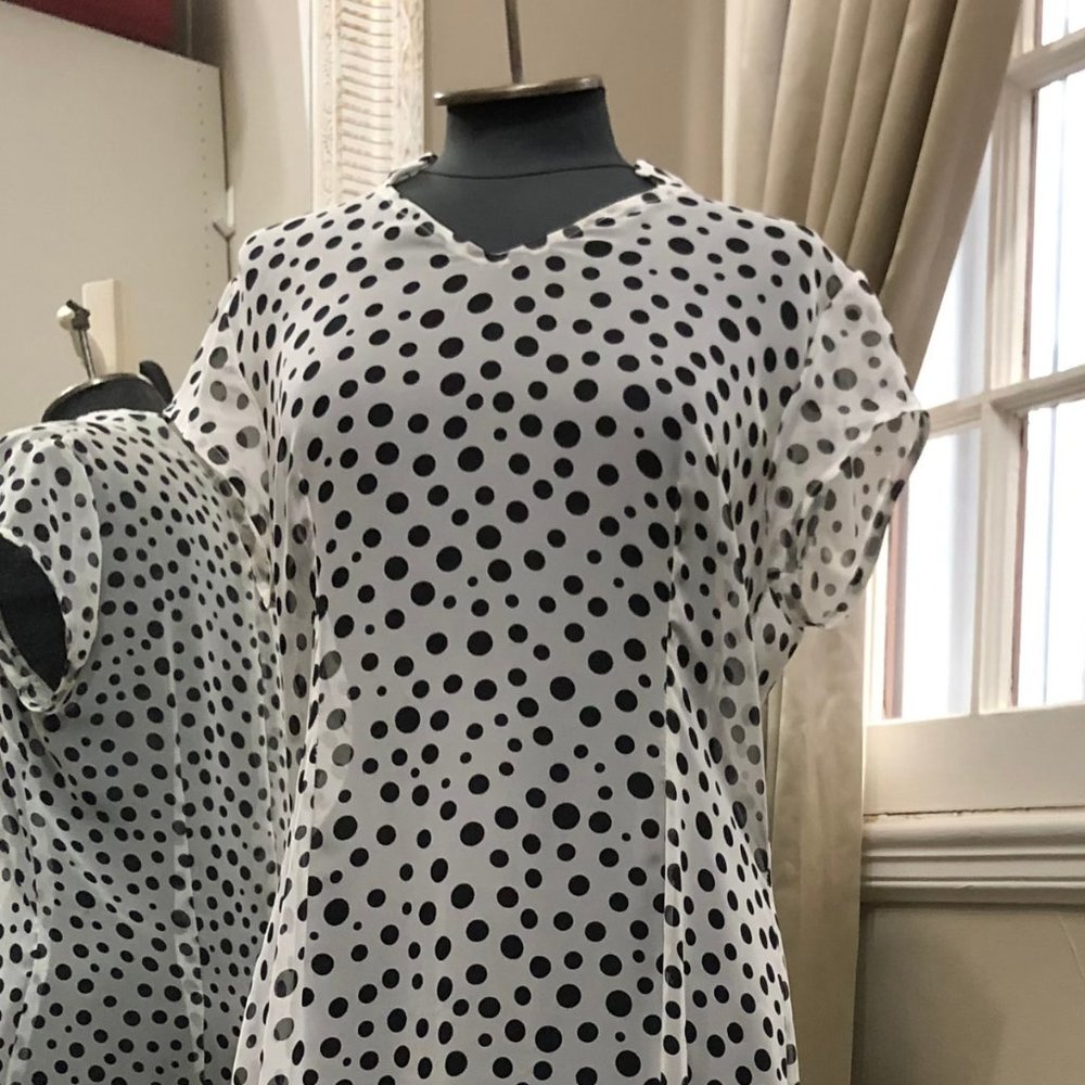 Vintage 80s Polka Dot Sheer Casual Swing Ruffle Midi Dress, Medium